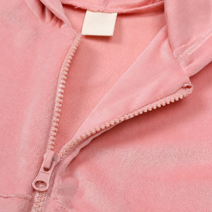 Pink hoodie zipper opened to show the inner fabric at the neckline