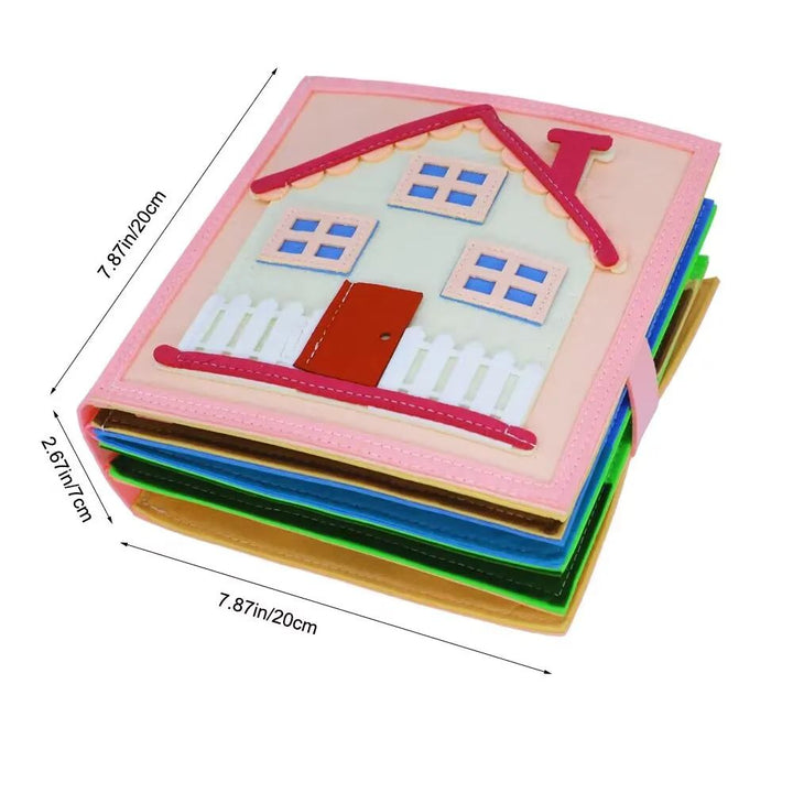 Pink house-cover fabric activity book with dimension arrows for height, width, and thickness