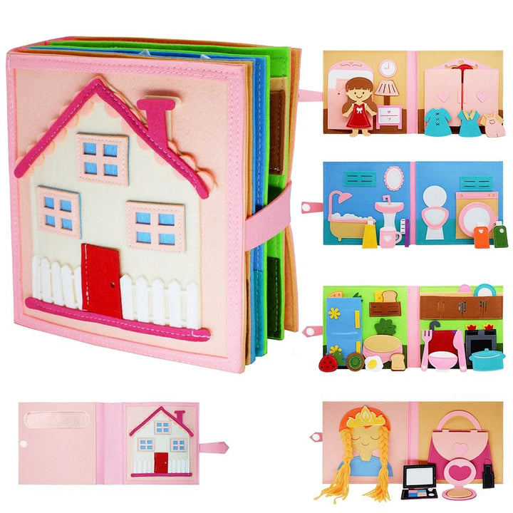 Pink house-cover activity book with previews of daily routines, braiding, and pretend makeup pages