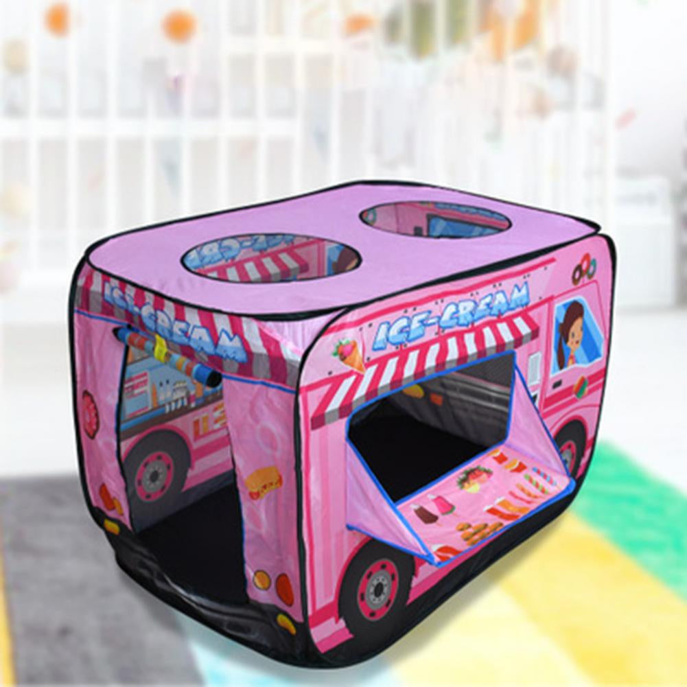 Pink ice cream cart play tent with an open serving window and side entrance