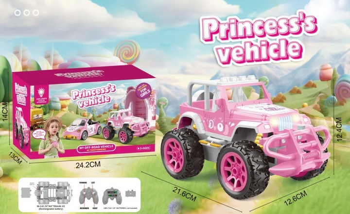 Pink off-road RC vehicle beside its retail box, measurement labels and included-item illustrations.