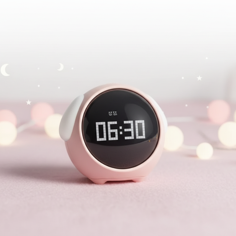 Pink rounded alarm clock displaying 06:30 against a moon-and-star backdrop