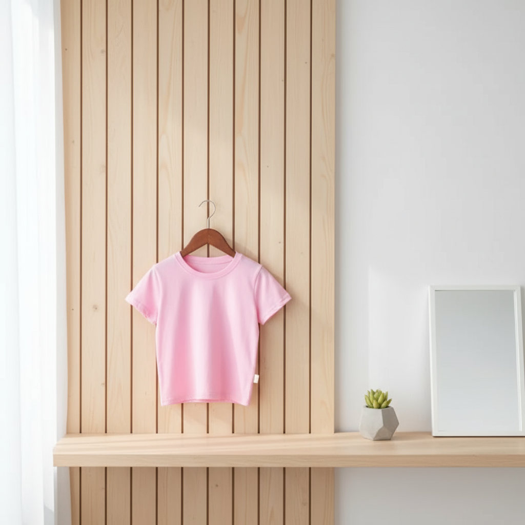 Pink short-sleeve T-shirt hanging on a wood-paneled wall above a shelf