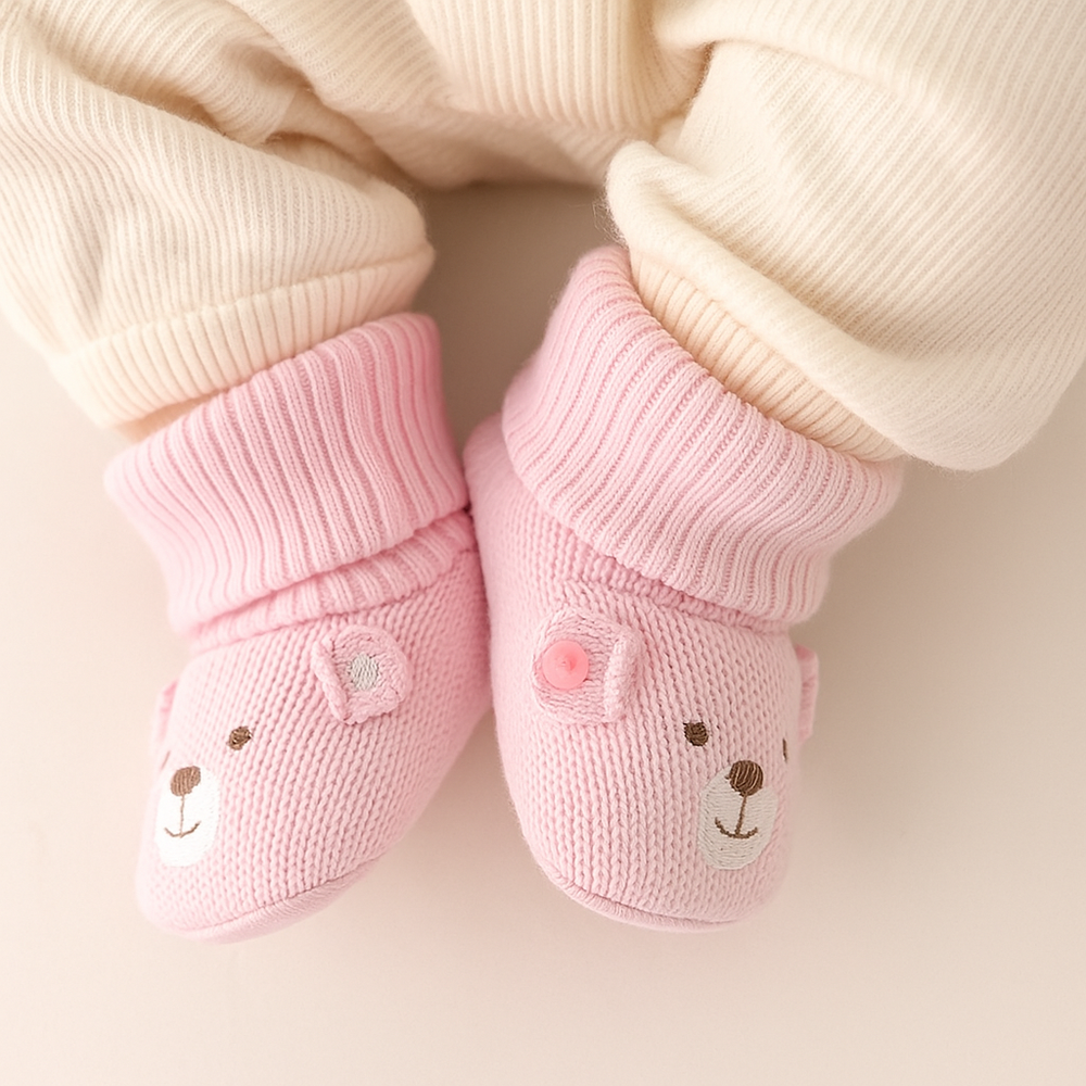 Pink bear-face baby booties worn with cream pants, showing the ribbed cuffs.