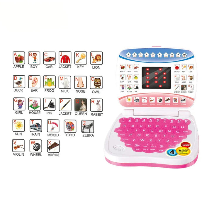 Pink learning laptop with enlarged examples of its illustrated word labels