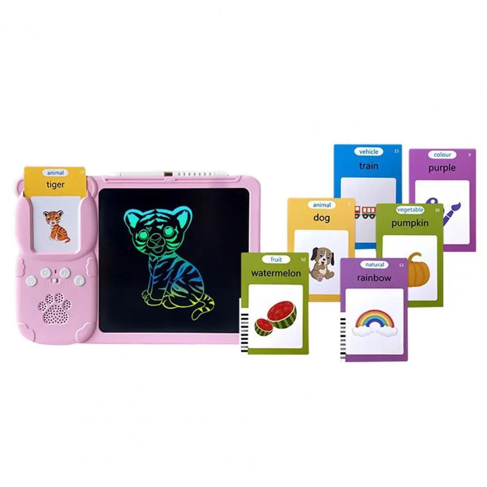 Pink learning tablet with a tiger drawing and illustrated vocabulary cards