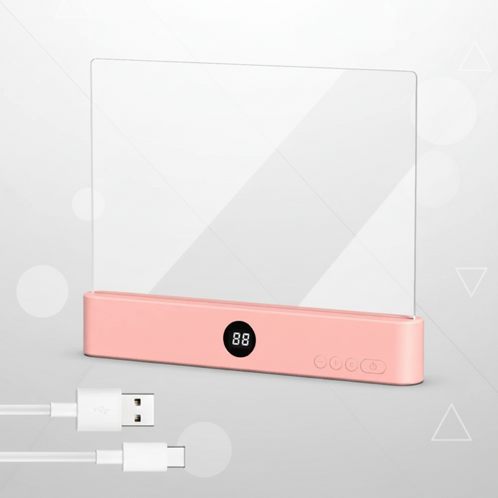 Pink LED panel book light shown with a USB charging cable