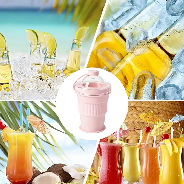 Pink lidded silicone drinking cup pictured with an assortment of cold drinks