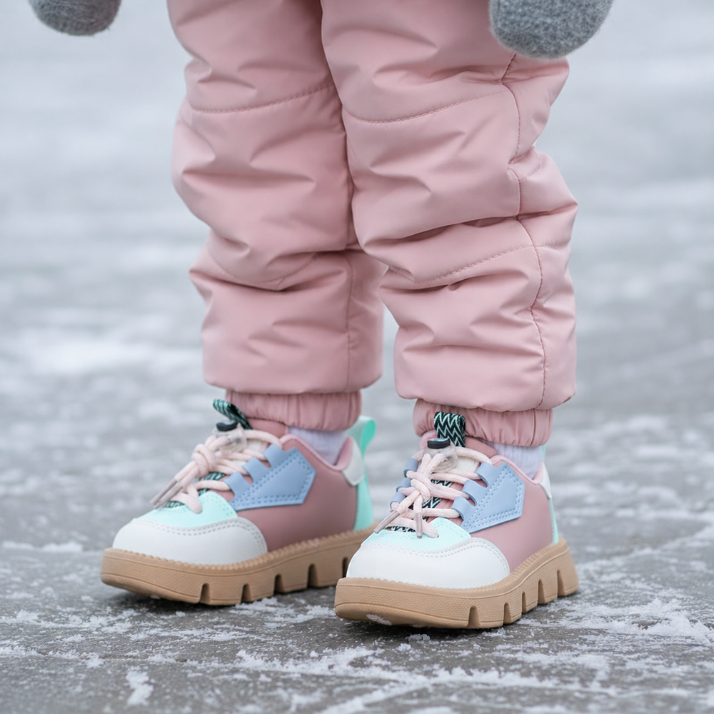 Child wearing pink and light blue sneakers with pink pants outdoors