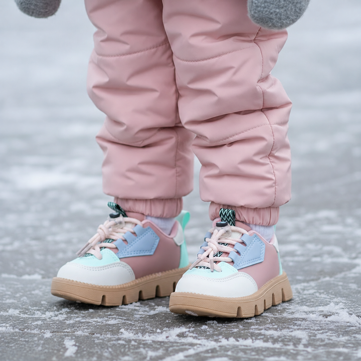 Child wearing pink and light blue sneakers with pink pants outdoors