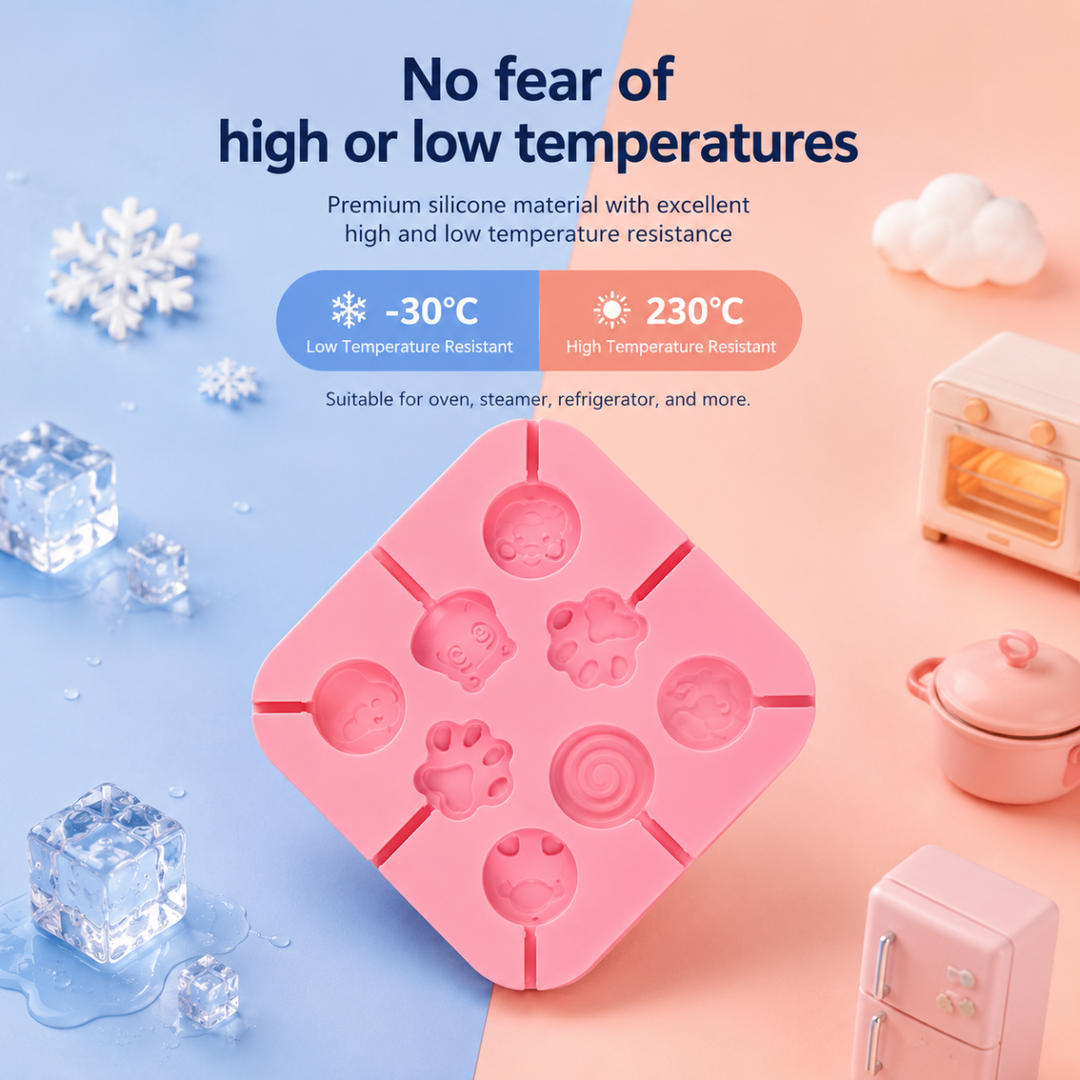 Pink lollipop mold displayed with ice, snowflakes, and kitchen appliance illustrations