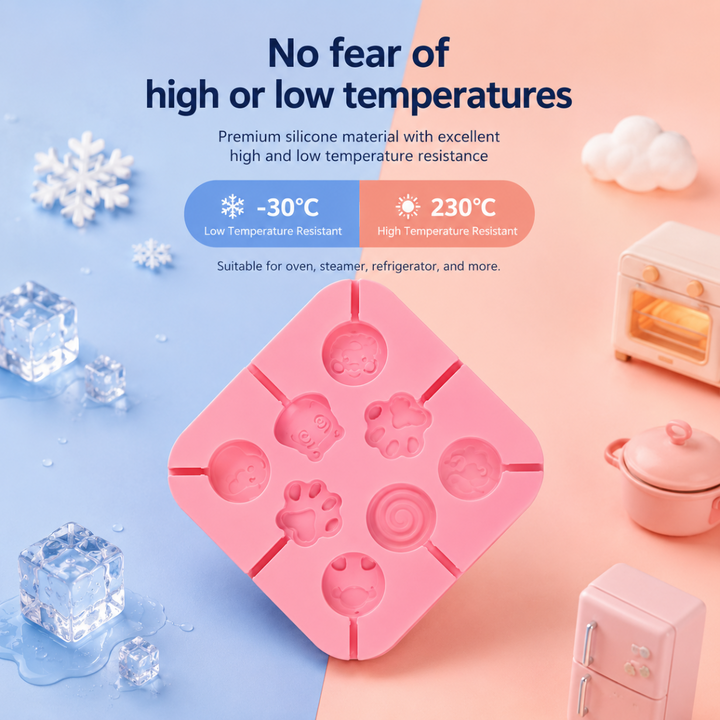 Pink lollipop mold displayed with ice, snowflakes, and kitchen appliance illustrations