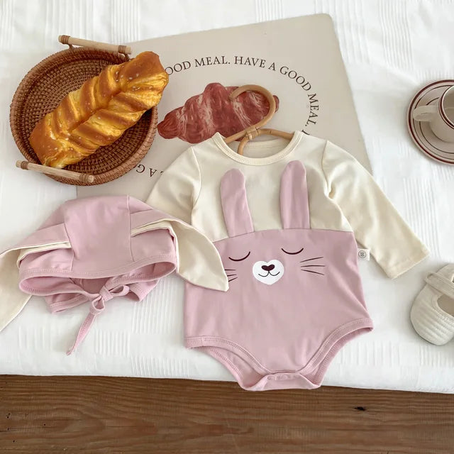 Pink long-sleeve bunny bodysuit and coordinating floppy-ear cap