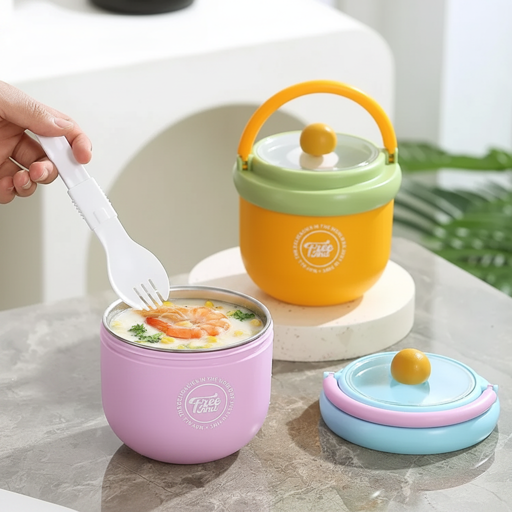 Spoon held over soup in a pink lunch bowl, with a yellow bowl behind it.