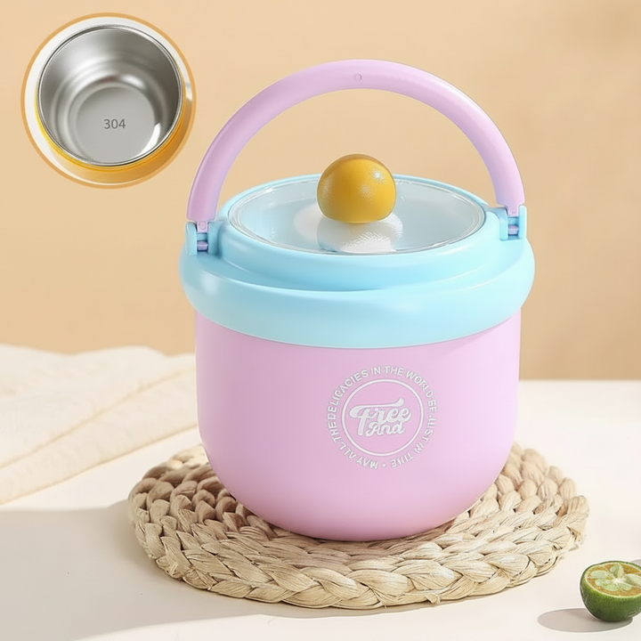 Pink lunch bowl with a blue-rimmed lid, purple handle, and steel interior inset.