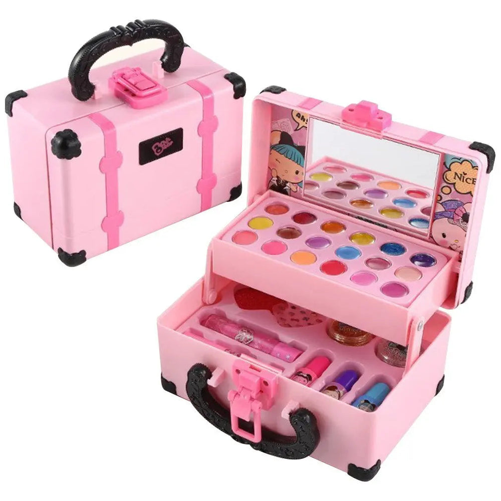 Pink carry case shown closed and open with a multicolor makeup palette, mirror and lower storage compartment