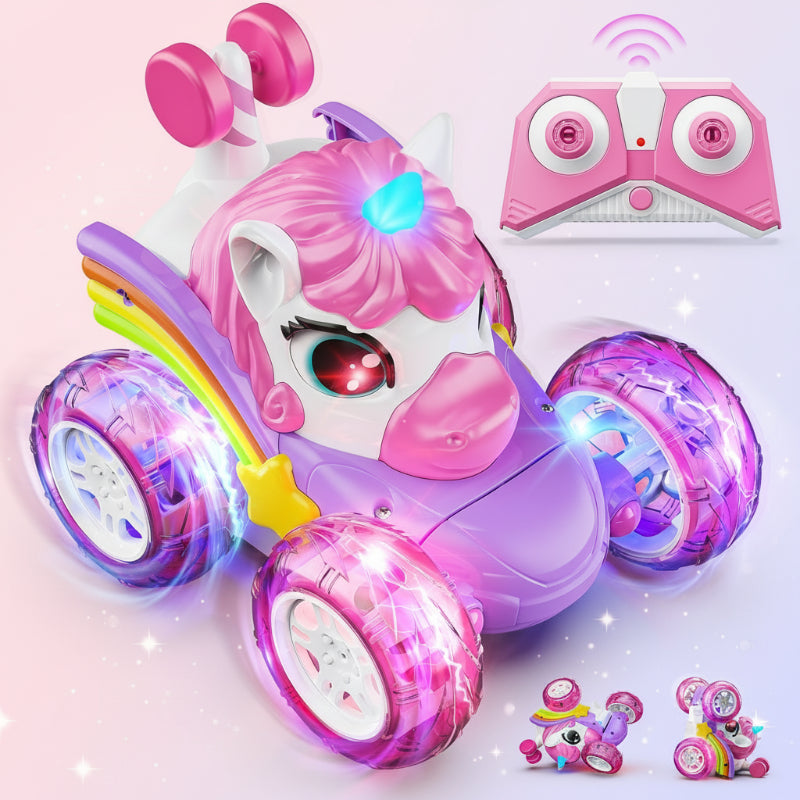 Unicorn RC stunt car with a pink mane, blue horn, rainbow sides, and pink remote control