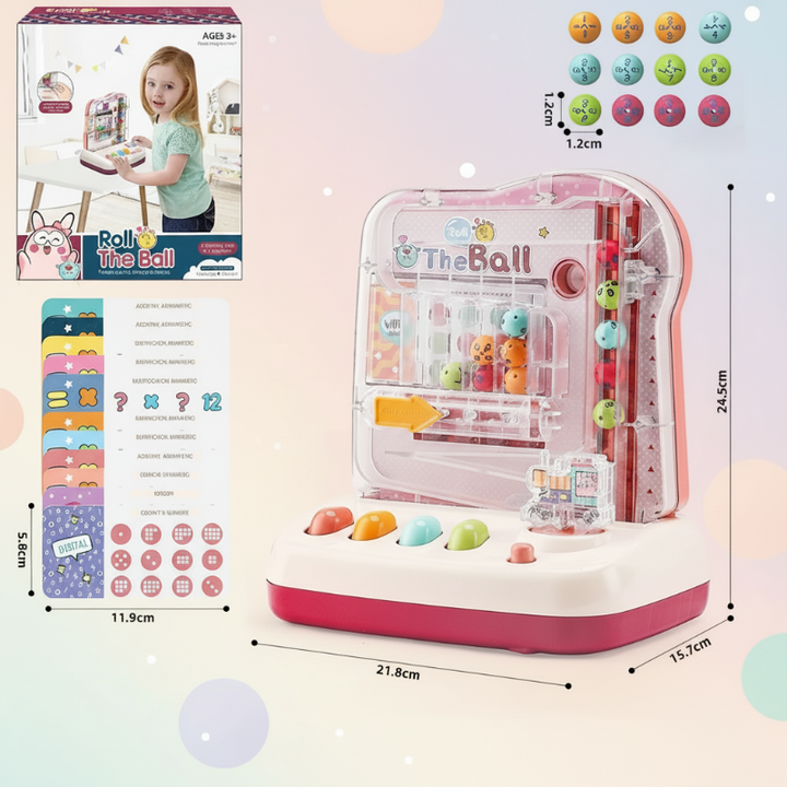 Pink math track game with box, activity cards, counting balls, and product measurements