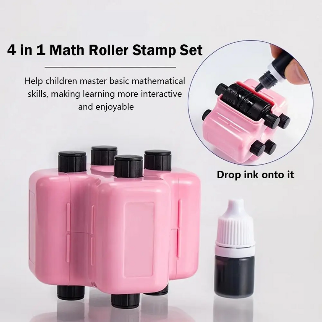 Pink math roller stamp with an ink bottle and an inset showing where to add ink.
