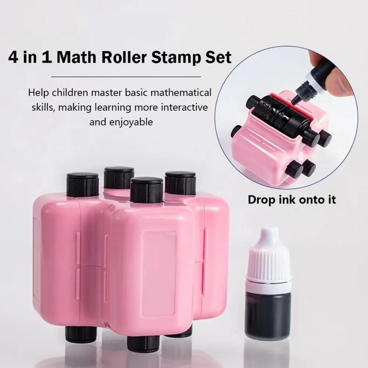 Pink math roller stamp with an ink bottle and an inset showing where to add ink.