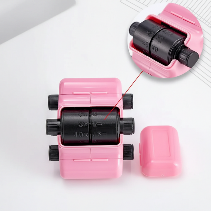 Pink math roller stamp with its cover removed to reveal the black printing rollers.