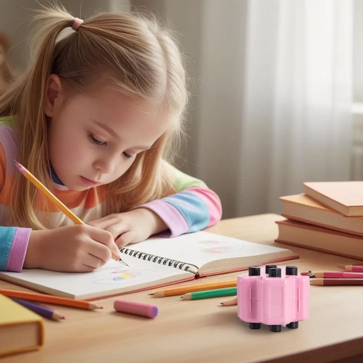 Child writing in a notebook with a pink math roller stamp on the desk.