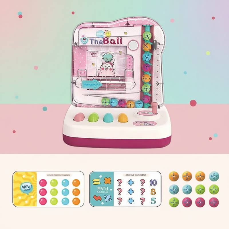 Pink ball-track math game with sample number and pattern cards and 12 counting balls
