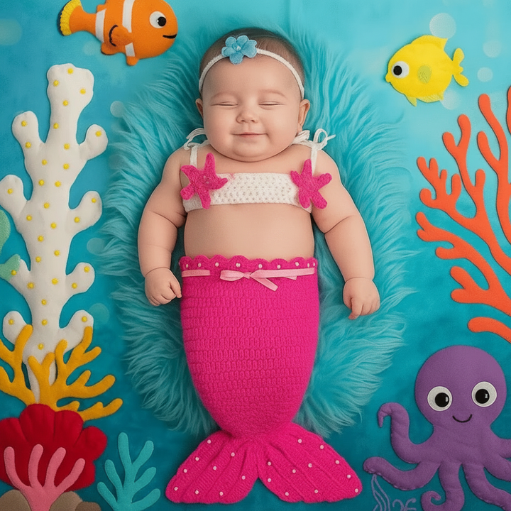 Baby in a bright pink knitted mermaid outfit and blue headband on an underwater-themed backdrop