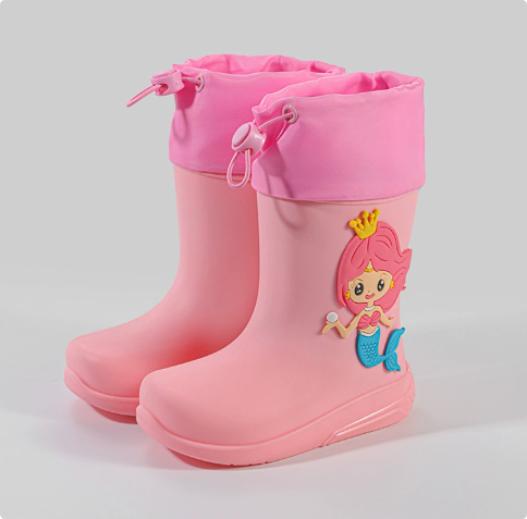Pink rain boots with a mermaid side design and drawstring cuffs