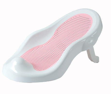 Pink mesh baby bath seat with a white frame, reclined back, and support leg