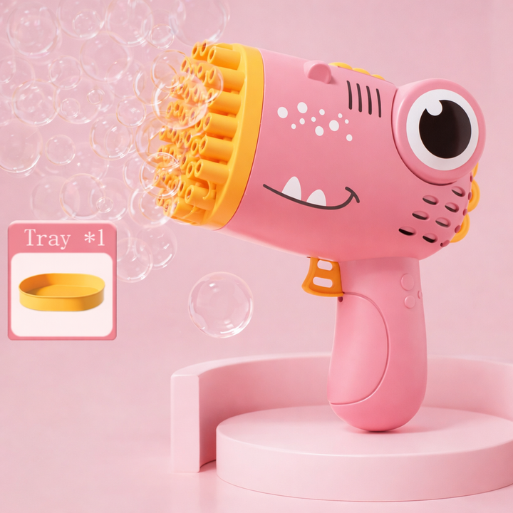 Pink dinosaur bubble gun with a multi-hole orange front and a small dipping tray