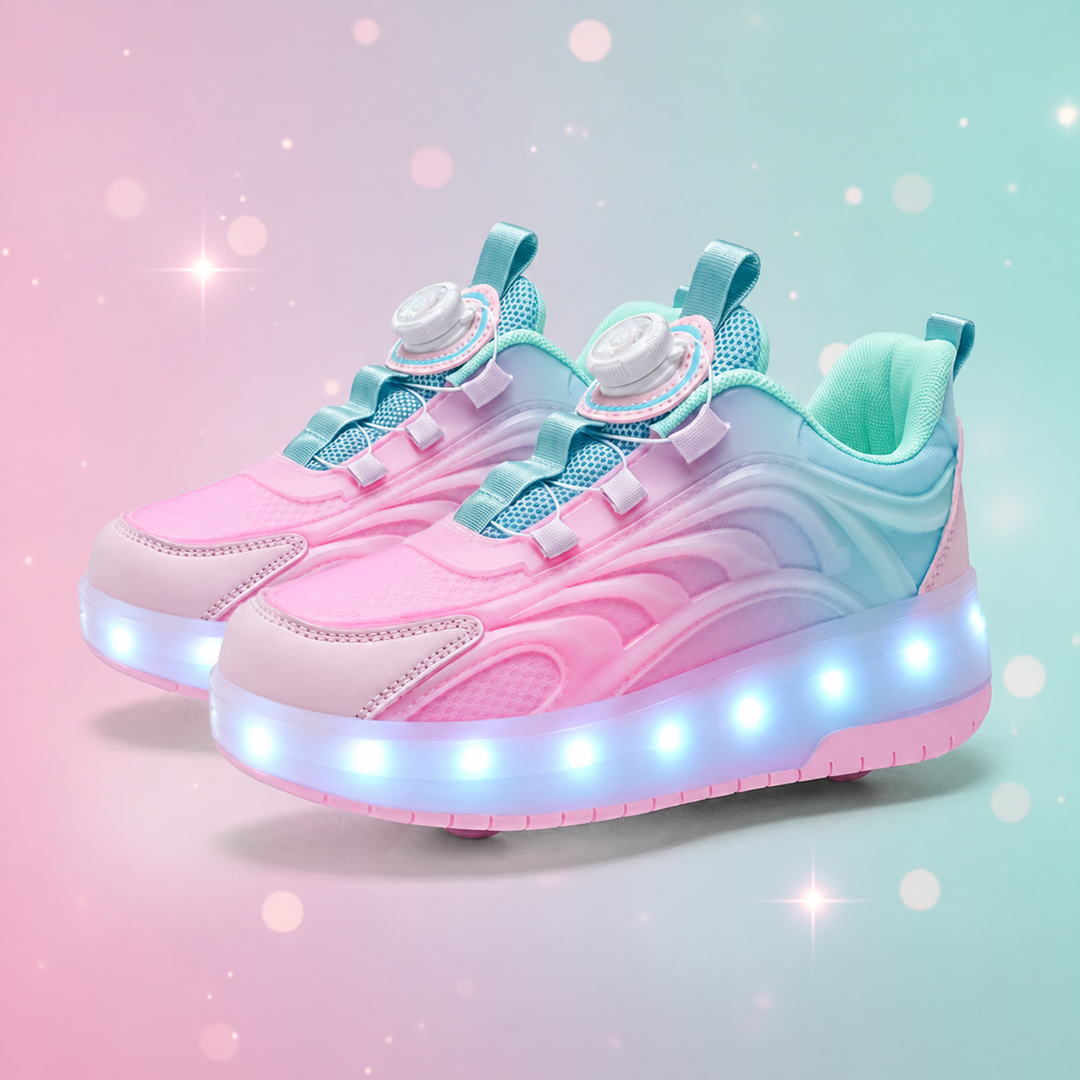 Pink-and-mint roller sneakers with dial closures and glowing soles