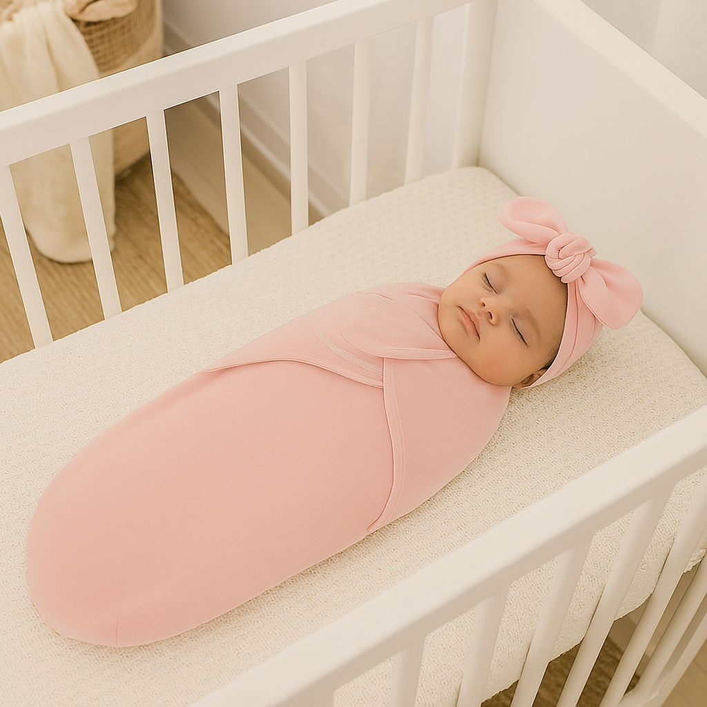 Baby wearing a pink swaddle blanket and matching bow hat in a white crib