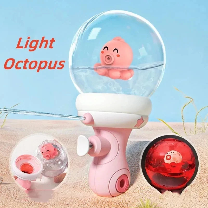 Pink octopus water gun with a clear globe top and a red light-up detail inset
