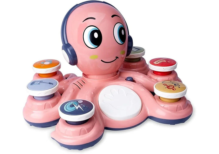 Pink octopus music toy with colorful musical inserts and a large white center button.