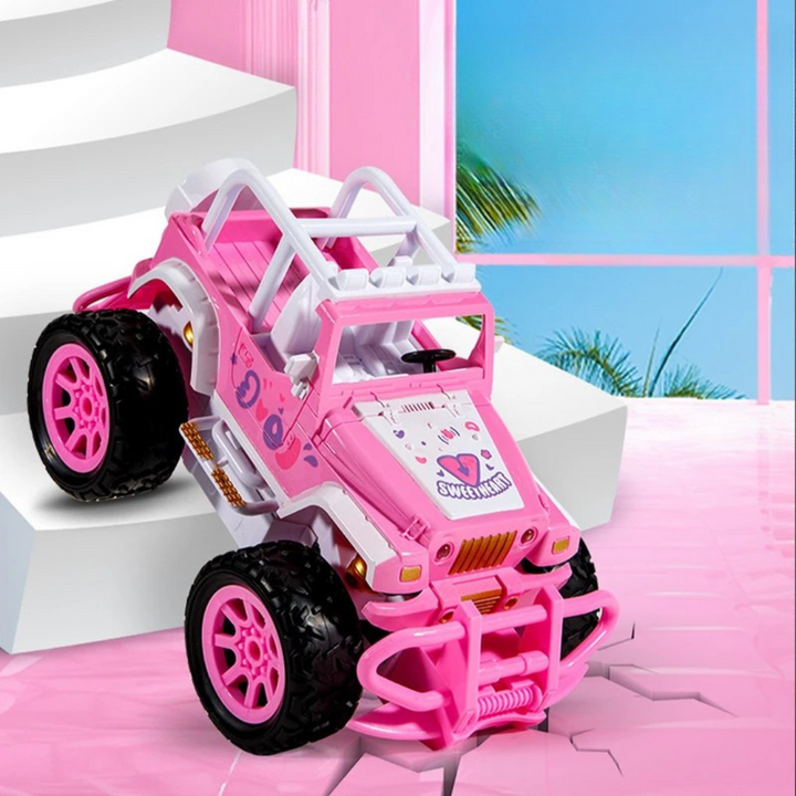 Pink off-road RC vehicle posed on white steps with large treaded tires and a white roll bar.