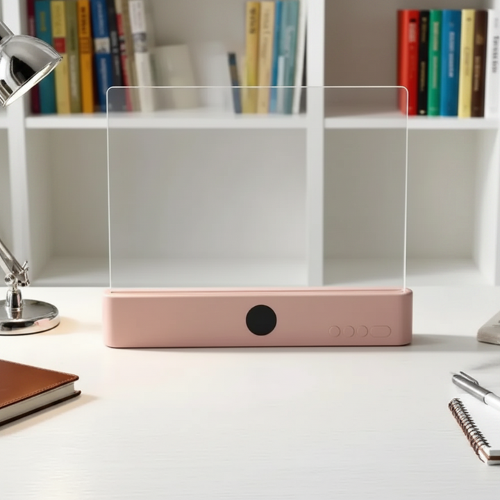 Pink clear-panel LED book light on a desk in front of a bookshelf