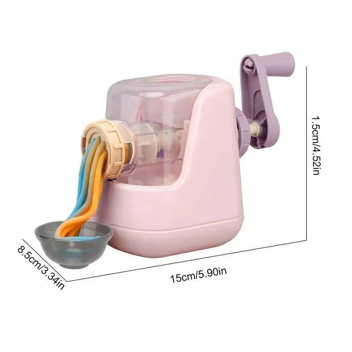 Pink hand-crank pasta maker with dimensions of 15 x 8.5 x 11.5 cm