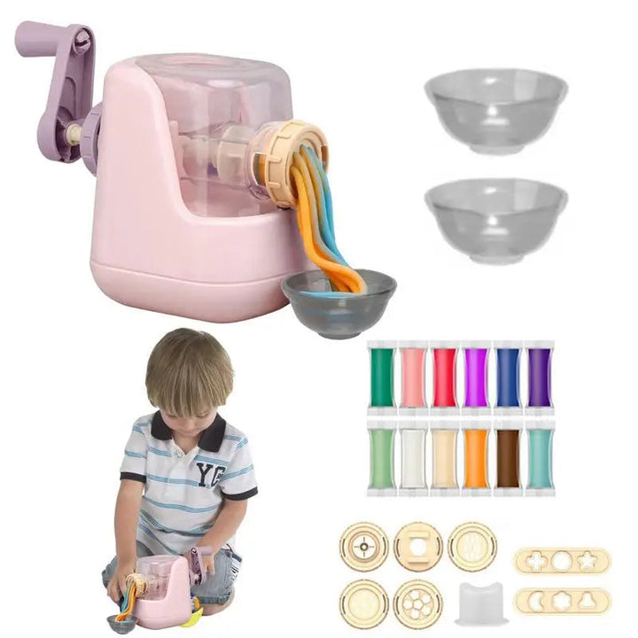 Pink pasta maker with clay colors, bowls, shaping tools, and a child demonstrating play