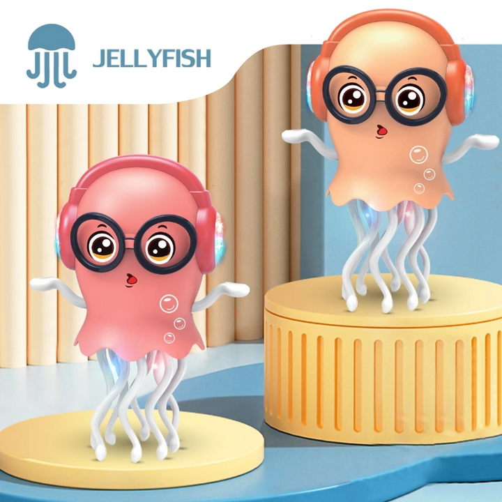 Pink and peach jellyfish toys displayed on round stands