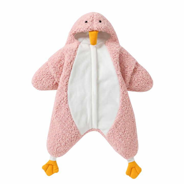 Pink penguin baby jumpsuit with a white front panel, hood, and yellow feet