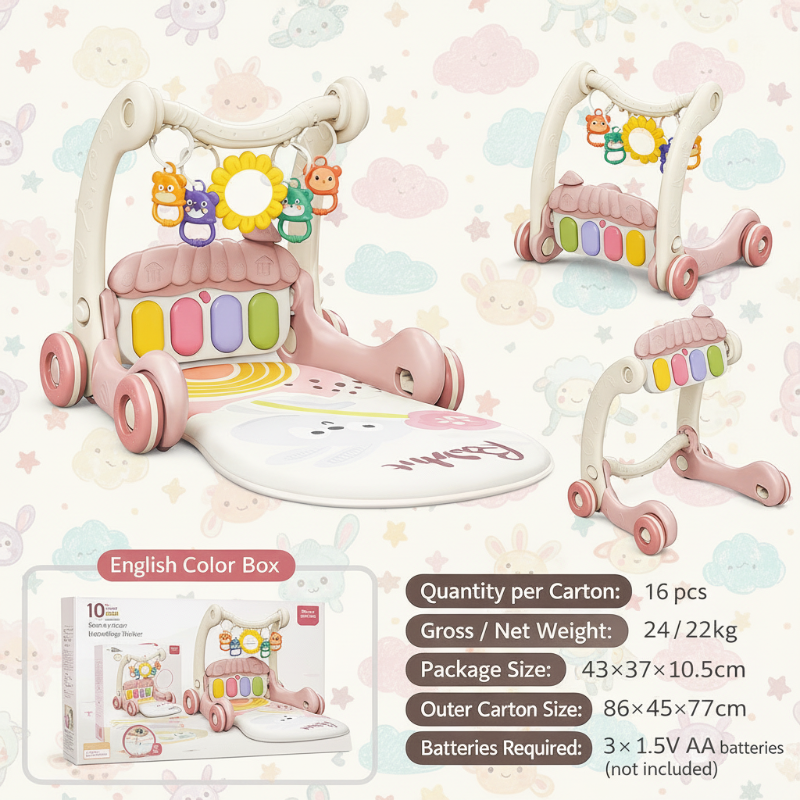 Pastel pink piano gym and walker in three configurations with hanging toys and a padded mat