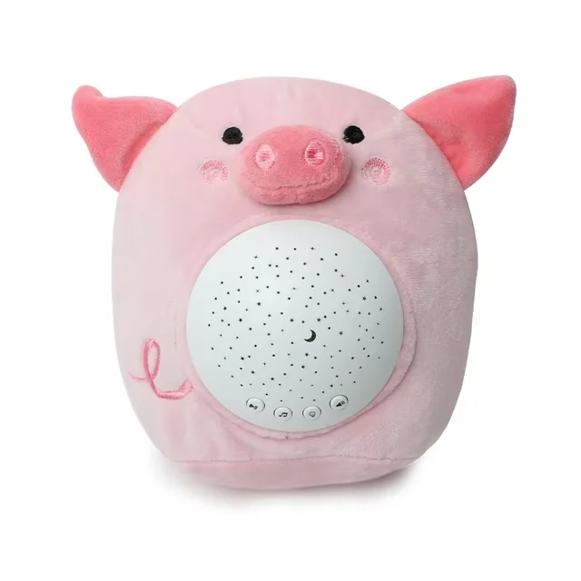 Pink pig plush night light with a round projector panel and control buttons