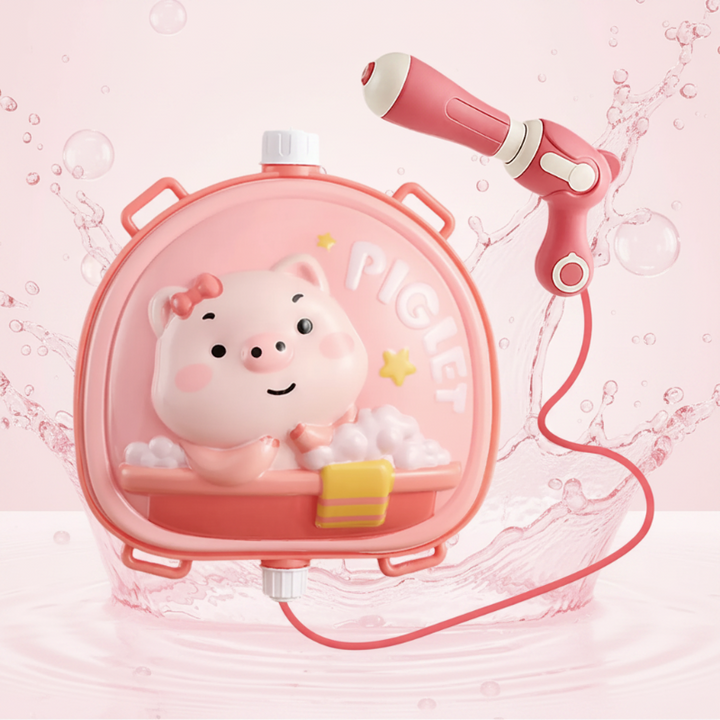 Pink piglet backpack water tank with matching pink water gun and hose