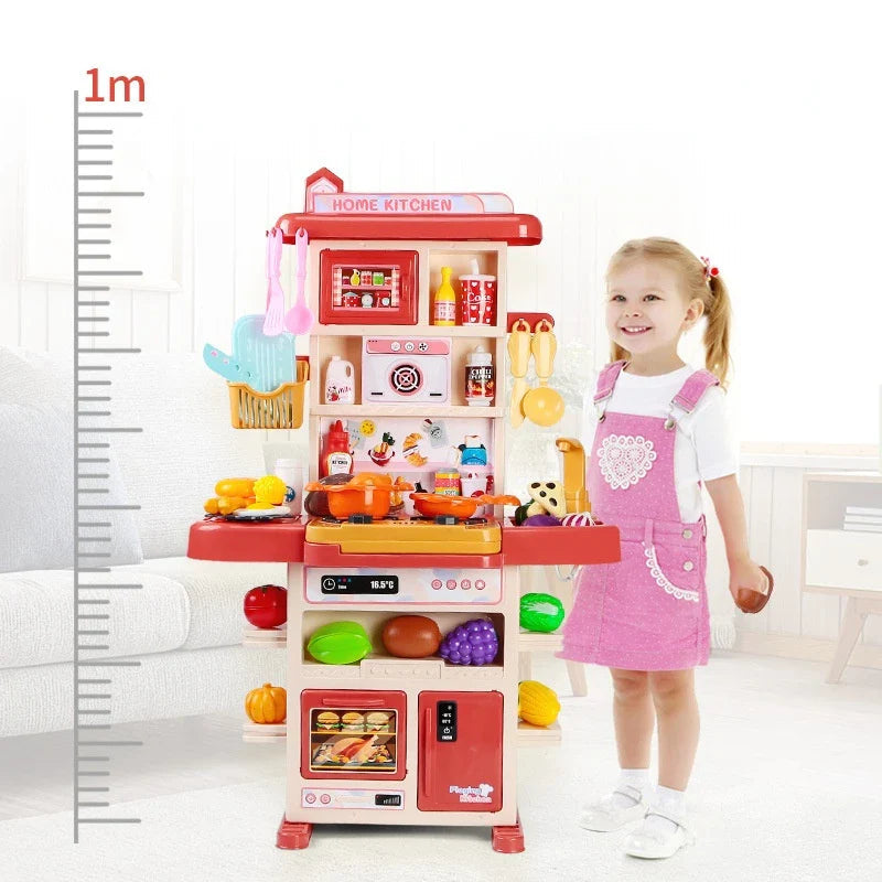 Child standing next to the pink play kitchen, with a height scale alongside.