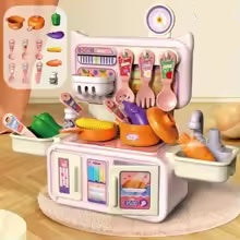 Pink play kitchen with pretend food, pots, utensils, and a pump-action sink