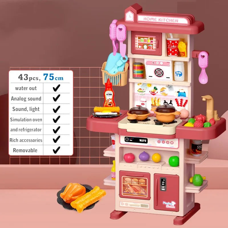 Pink 43-piece play kitchen with a stovetop, sink, hanging utensils, and toy food.