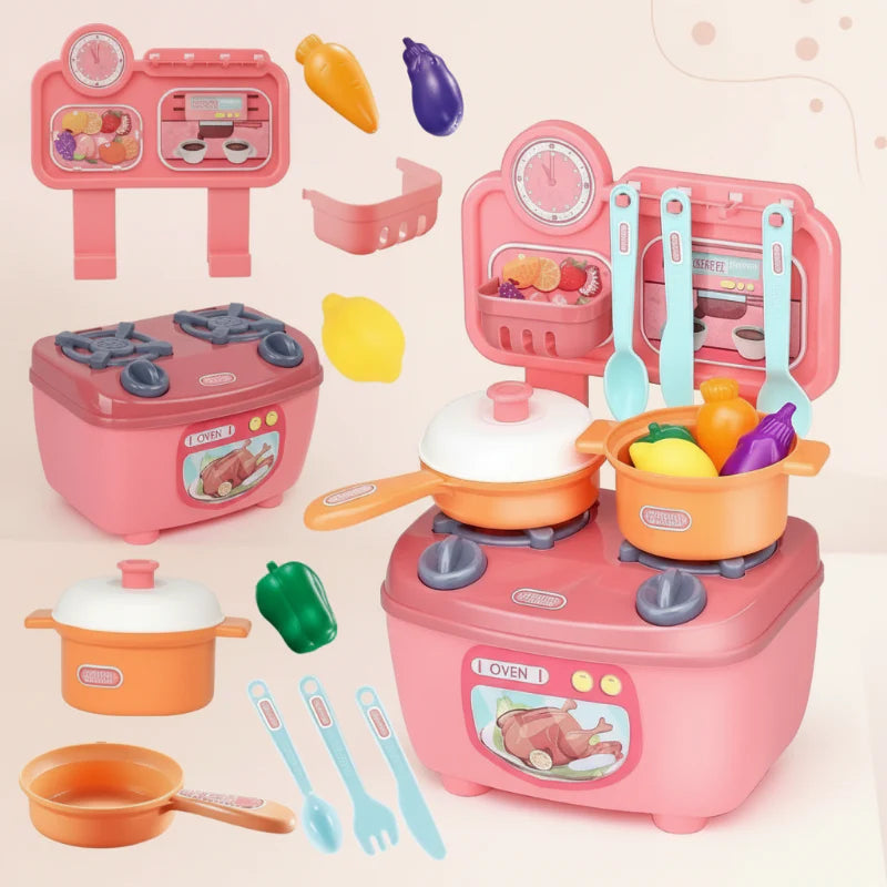 Pink kitchen set with separate base, back panel, cookware, utensils, and play vegetables