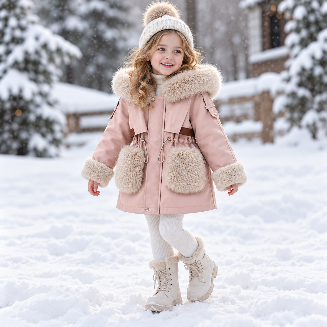 Girl wearing the pink plush-collar winter coat with boots and a knit hat in the snow