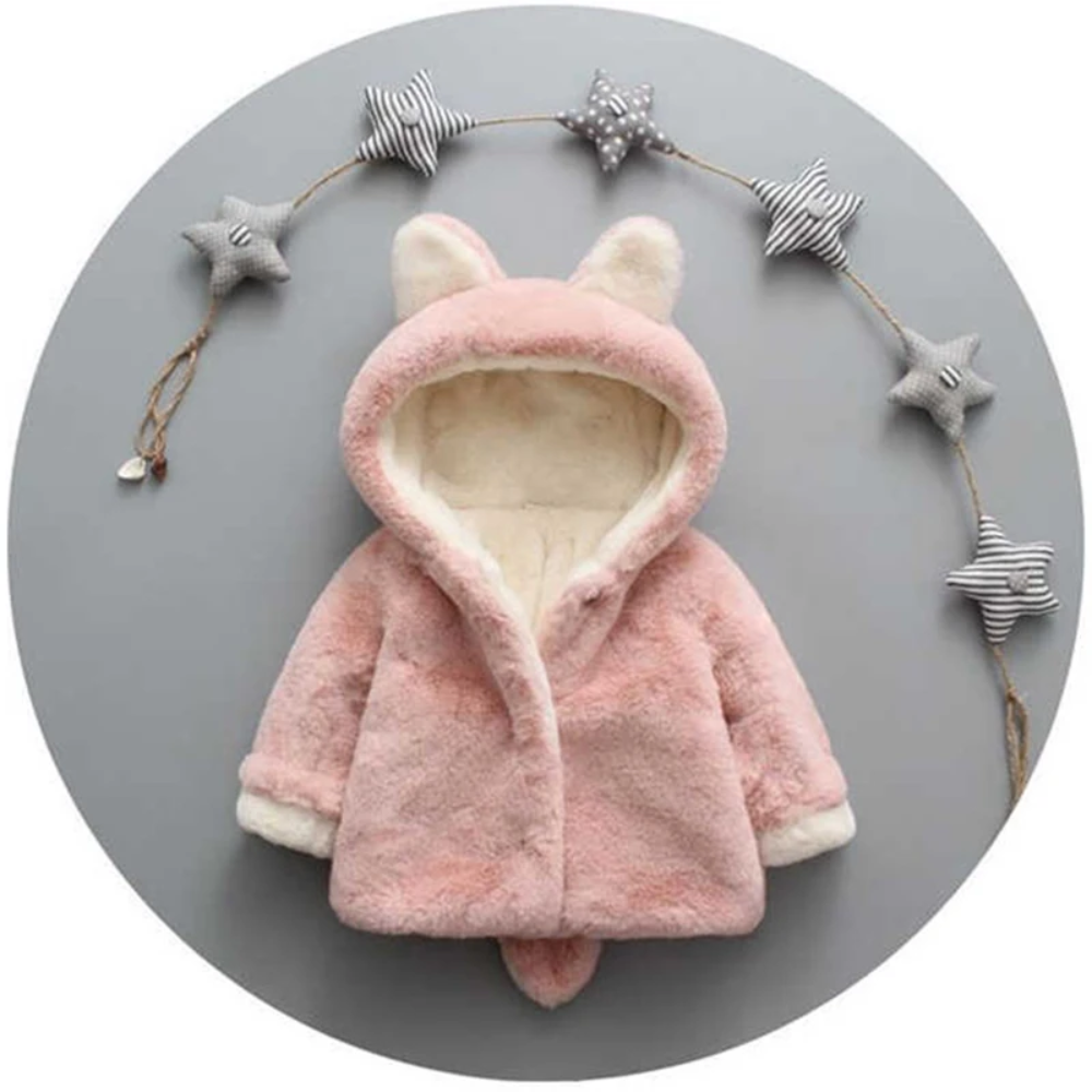 Front view of the pink plush hooded jacket with cream lining and animal ears